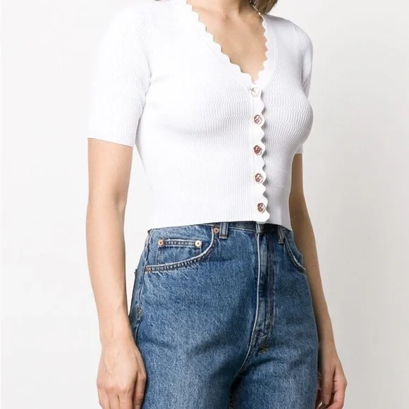 Sandro Short-Sleeve Cropped Cardigan White Button Down Knit Top - Picture 3 of 5